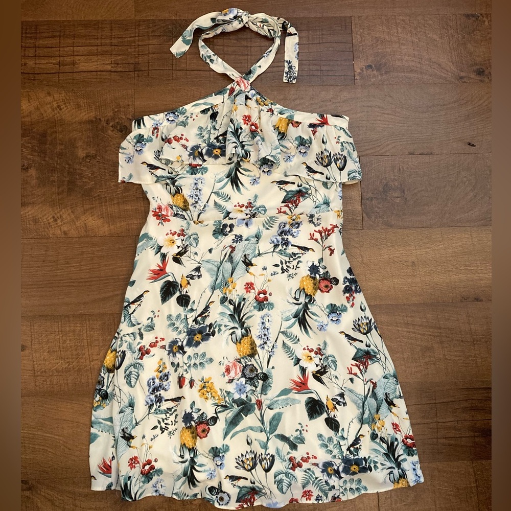 Banana Republic Black Label Cream Halter Tropical Floral Bird Sundress Women’s 8